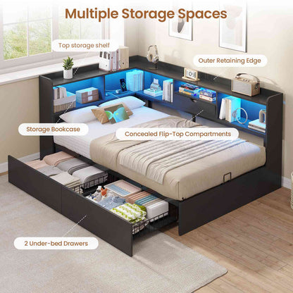 Hasuit | Corner Bed Frame with Storage Bookcase Twin Size Day Bed with Charging Station and LED Lights Convertible Beds for Kids Teens