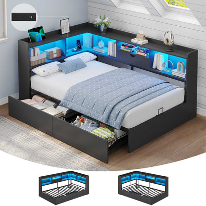 Hasuit | Corner Bed Frame with Storage Bookcase Twin Size Day Bed with Charging Station and LED Lights Convertible Beds for Kids Teens