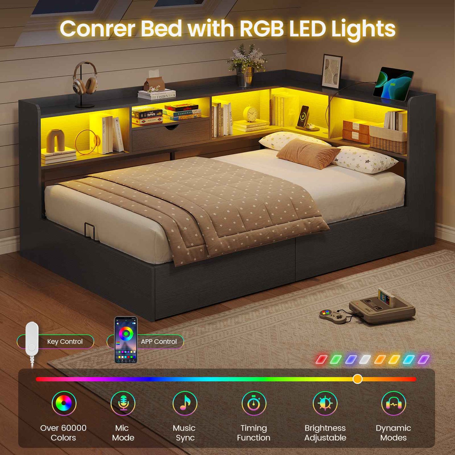 Hasuit | Corner Bed Frame with Storage Bookcase Twin Size Day Bed with Charging Station and LED Lights Convertible Beds for Kids Teens