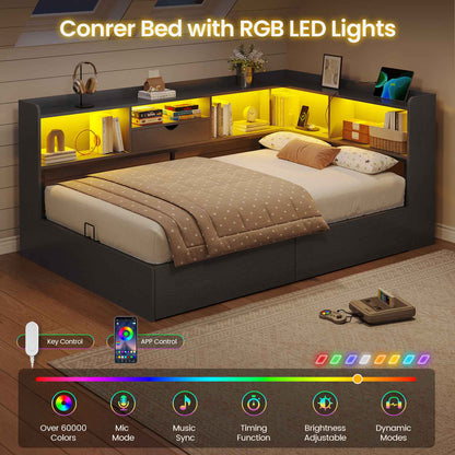 Hasuit | Corner Bed Frame with Storage Bookcase Twin Size Day Bed with Charging Station and LED Lights Convertible Beds for Kids Teens