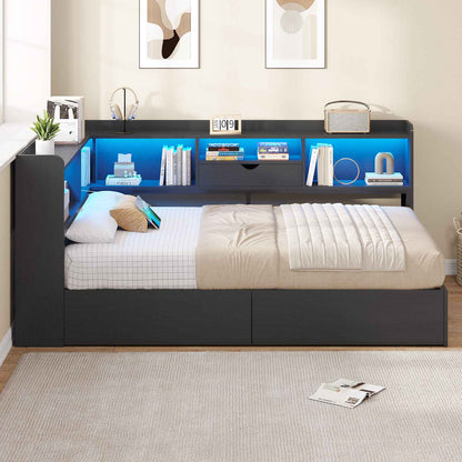 Hasuit | Corner Bed Frame with Storage Bookcase Twin Size Day Bed with Charging Station and LED Lights Convertible Beds for Kids Teens