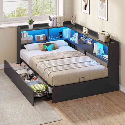 Hasuit | Corner Bed Frame with Storage Bookcase Twin Size Day Bed with Charging Station and LED Lights Convertible Beds for Kids Teens