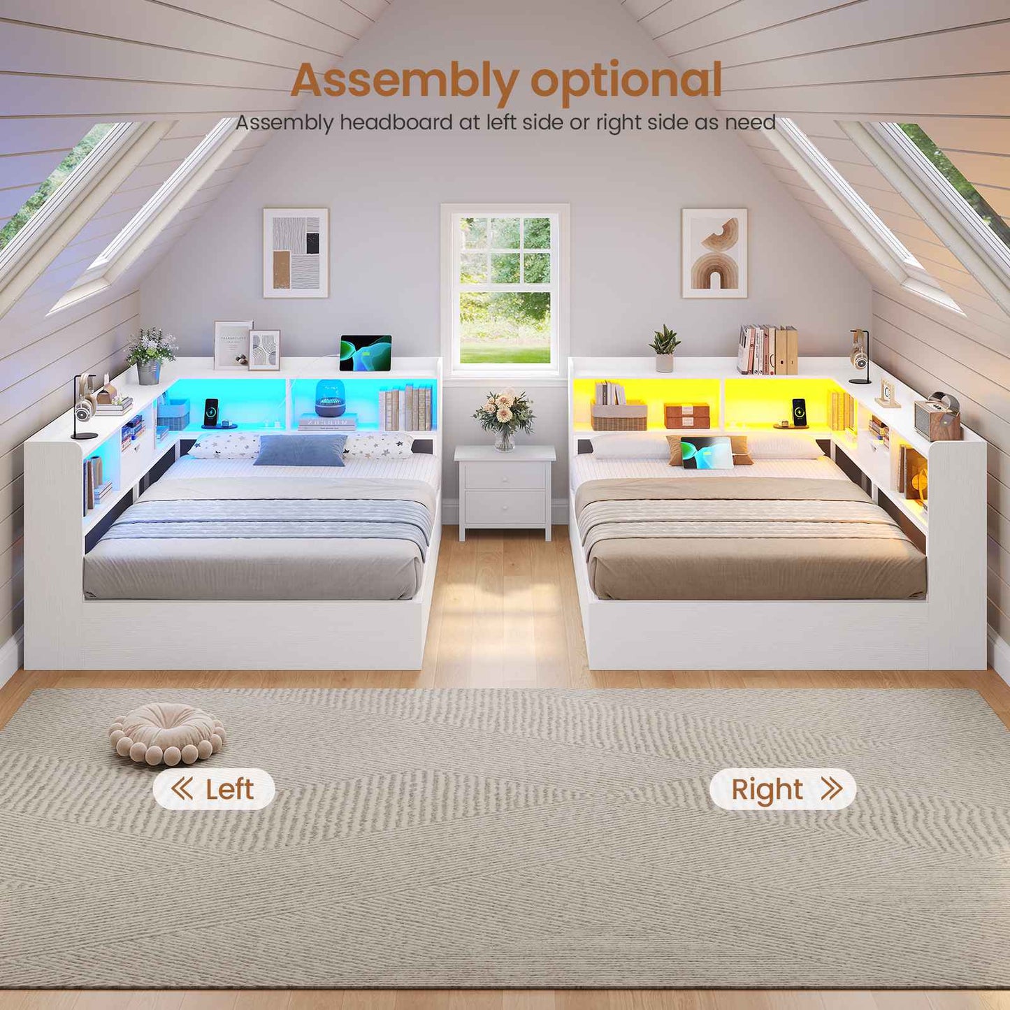 Hasuit | Corner Bed Frame with Storage Bookcase Full Size Day Bed with Charging Station and LED Lights Convertible Beds for Kids Teens