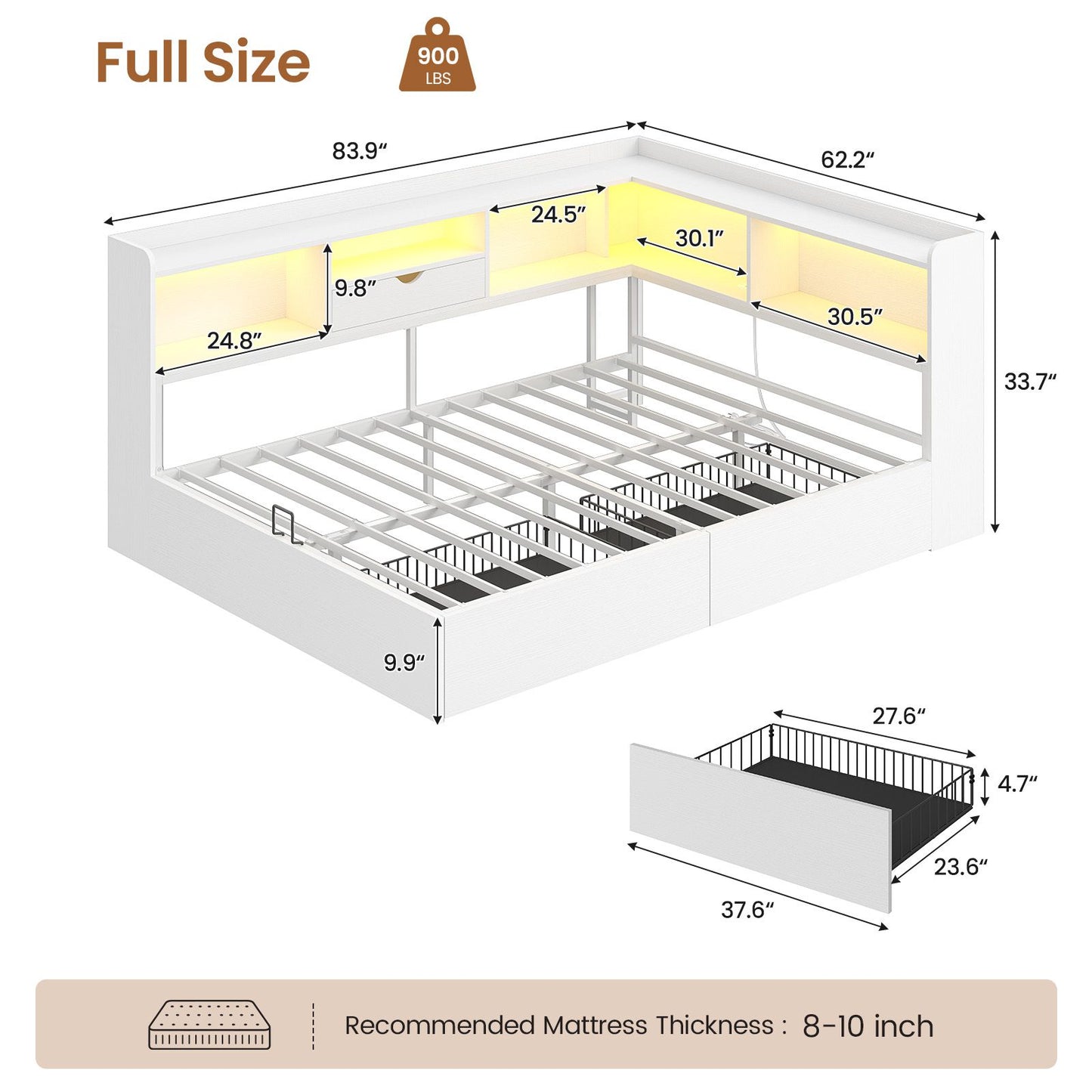 Hasuit | Corner Bed Frame with Storage Bookcase Full Size Day Bed with Charging Station and LED Lights Convertible Beds for Kids Teens