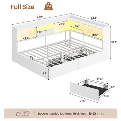 Hasuit | Corner Bed Frame with Storage Bookcase Full Size Day Bed with Charging Station and LED Lights Convertible Beds for Kids Teens