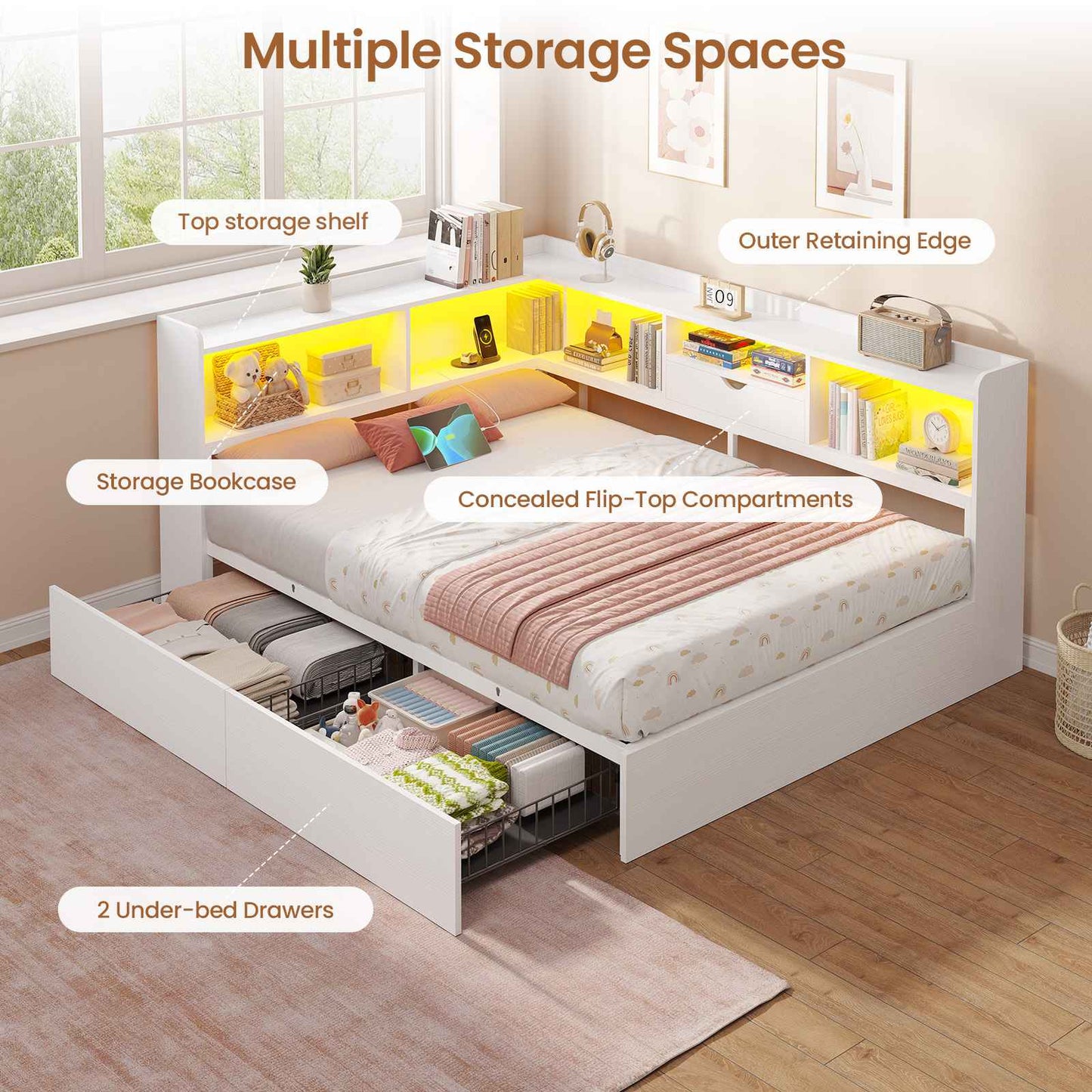 Hasuit | Corner Bed Frame with Storage Bookcase Full Size Day Bed with Charging Station and LED Lights Convertible Beds for Kids Teens
