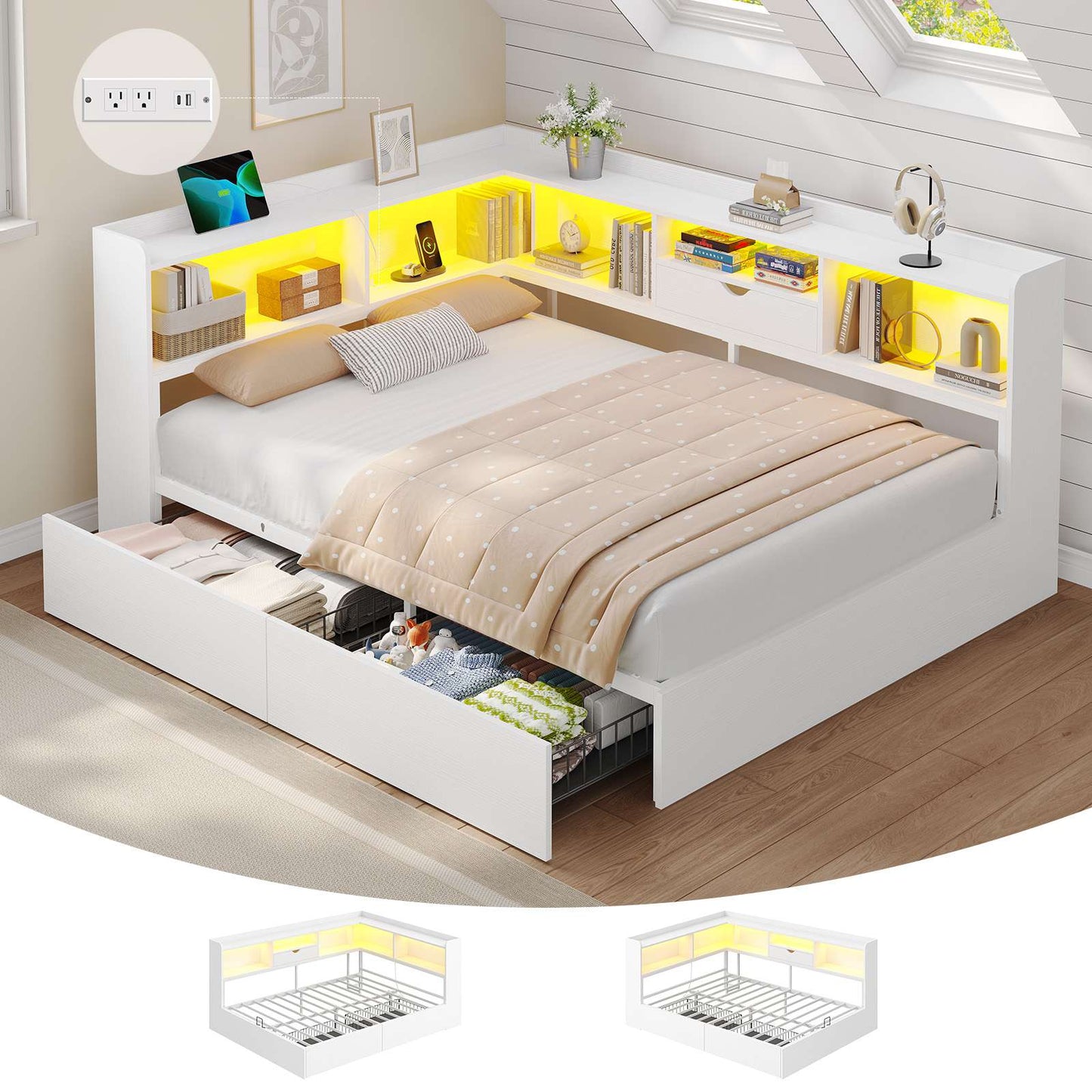 Hasuit | Corner Bed Frame with Storage Bookcase Full Size Day Bed with Charging Station and LED Lights Convertible Beds for Kids Teens