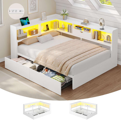 Hasuit | Corner Bed Frame with Storage Bookcase Full Size Day Bed with Charging Station and LED Lights Convertible Beds for Kids Teens