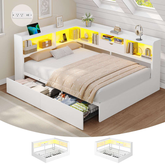 Hasuit | Corner Bed Frame with Storage Bookcase Full Size Day Bed with Charging Station and LED Lights Convertible Beds for Kids Teens