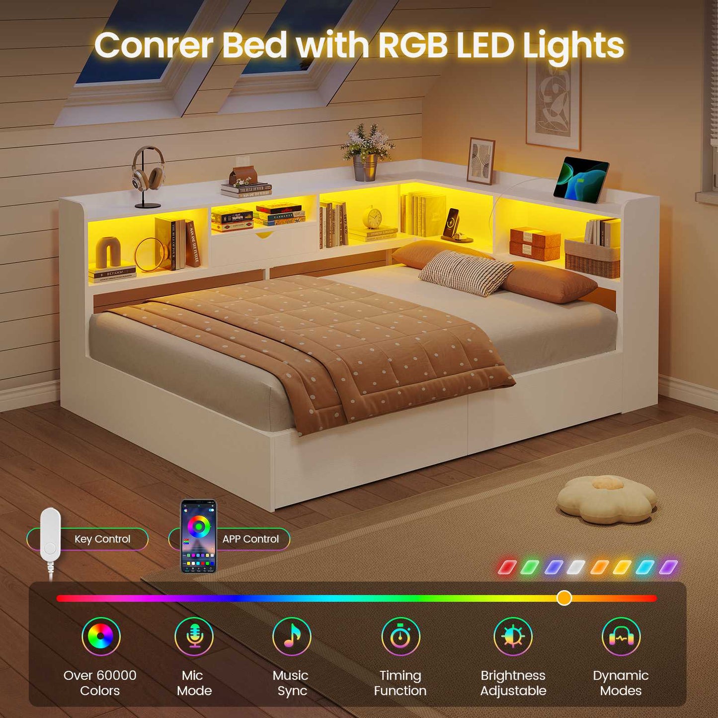 Hasuit | Corner Bed Frame with Storage Bookcase Full Size Day Bed with Charging Station and LED Lights Convertible Beds for Kids Teens