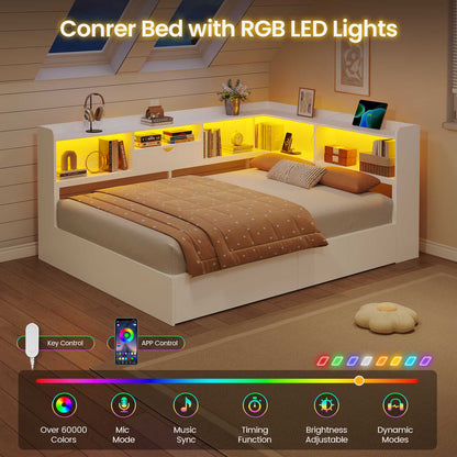 Hasuit | Corner Bed Frame with Storage Bookcase Full Size Day Bed with Charging Station and LED Lights Convertible Beds for Kids Teens