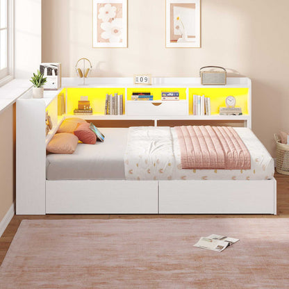 Hasuit | Corner Bed Frame with Storage Bookcase Full Size Day Bed with Charging Station and LED Lights Convertible Beds for Kids Teens