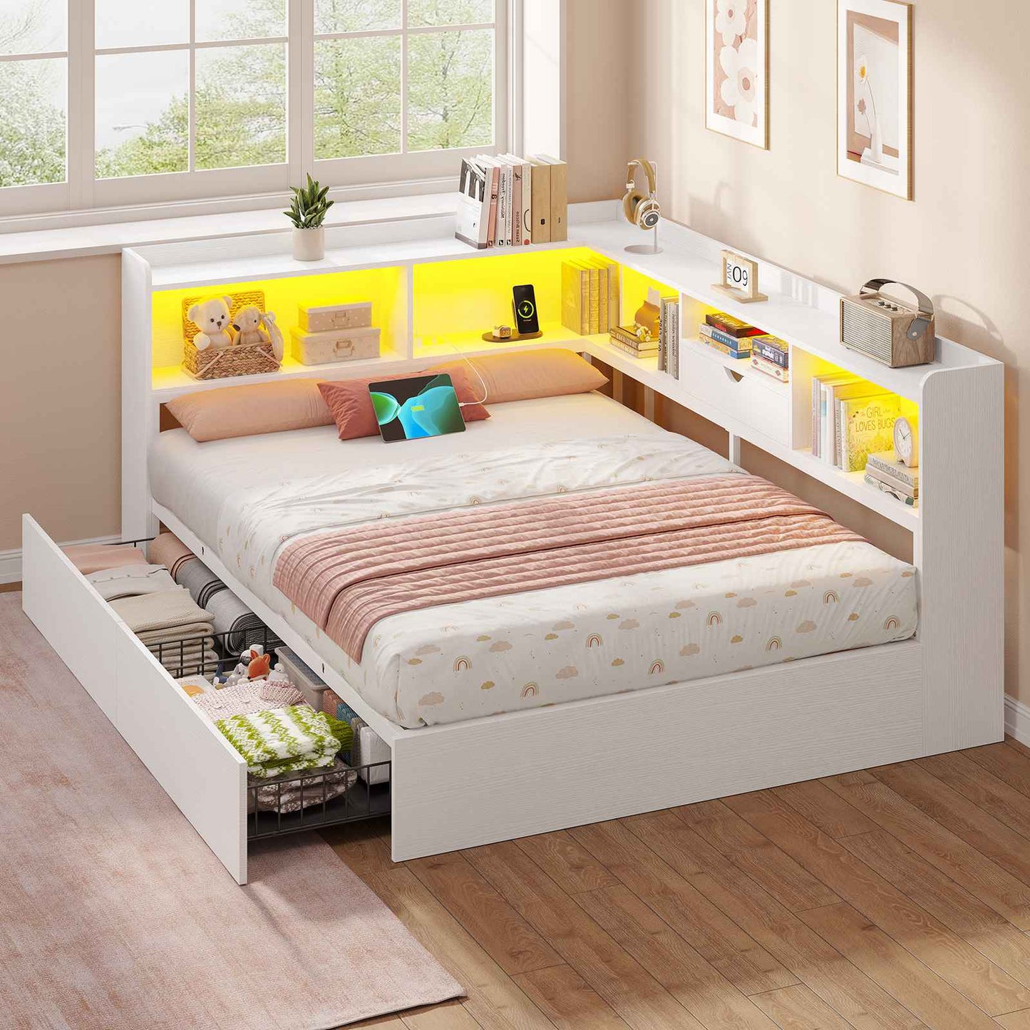 Hasuit | Corner Bed Frame with Storage Bookcase Full Size Day Bed with Charging Station and LED Lights Convertible Beds for Kids Teens