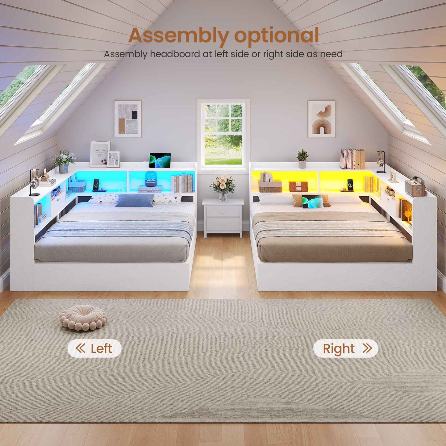 Hasuit | Corner Bed Frame with Storage Bookcase Queen Size Day Bed with Charging Station and LED Lights Convertible Beds for Kids Teens