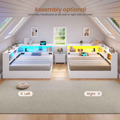 Hasuit | Corner Bed Frame with Storage Bookcase Queen Size Day Bed with Charging Station and LED Lights Convertible Beds for Kids Teens