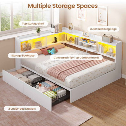 Hasuit | Corner Bed Frame with Storage Bookcase Queen Size Day Bed with Charging Station and LED Lights Convertible Beds for Kids Teens