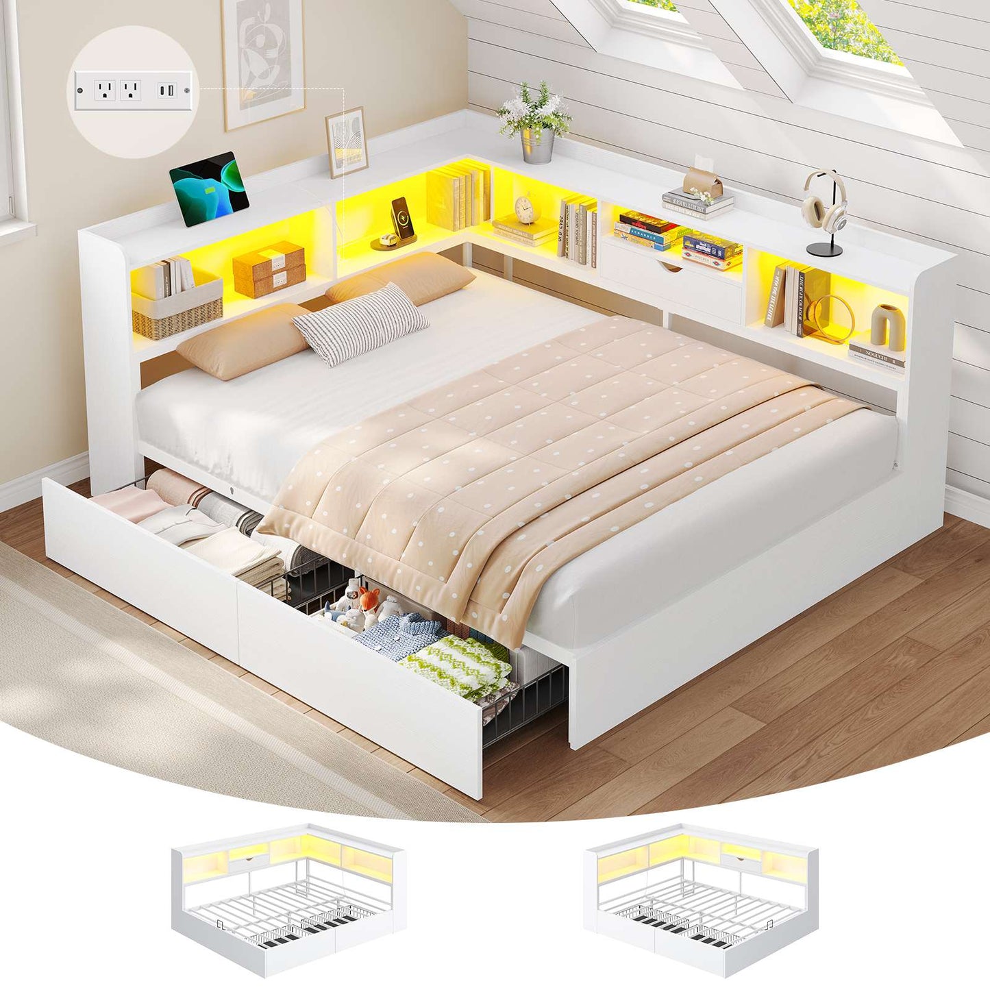 Hasuit | Corner Bed Frame with Storage Bookcase Queen Size Day Bed with Charging Station and LED Lights Convertible Beds for Kids Teens