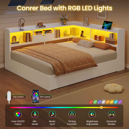 Hasuit | Corner Bed Frame with Storage Bookcase Queen Size Day Bed with Charging Station and LED Lights Convertible Beds for Kids Teens
