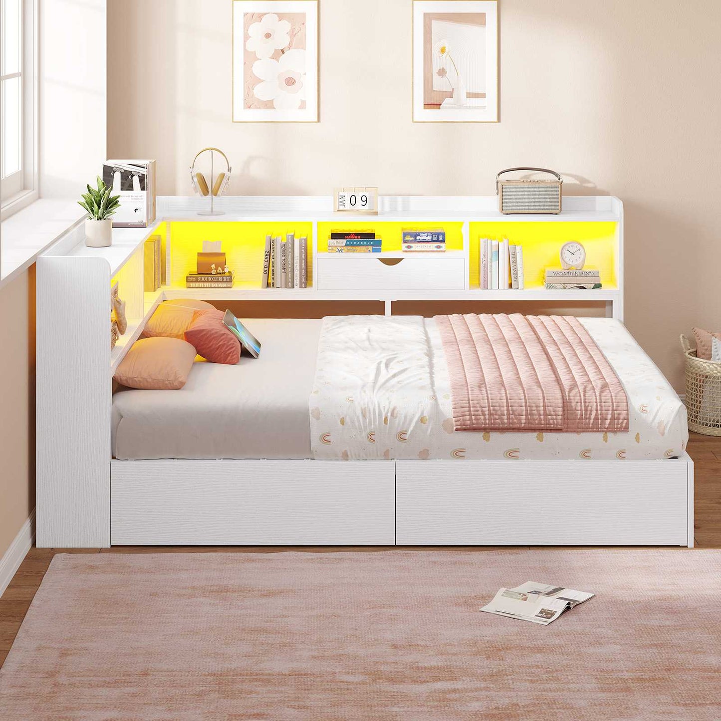 Hasuit | Corner Bed Frame with Storage Bookcase Queen Size Day Bed with Charging Station and LED Lights Convertible Beds for Kids Teens