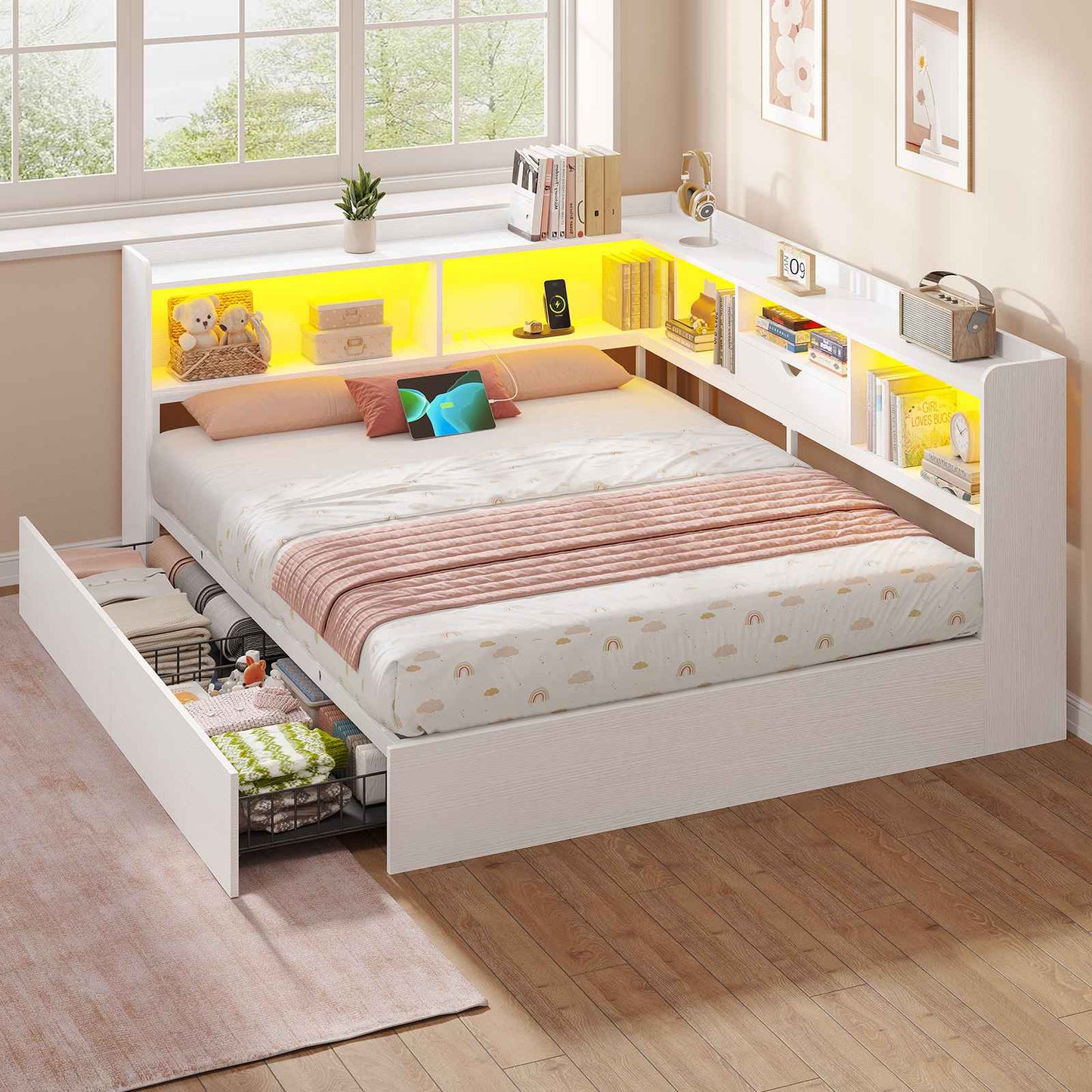 Hasuit | Corner Bed Frame with Storage Bookcase Queen Size Day Bed with Charging Station and LED Lights Convertible Beds for Kids Teens