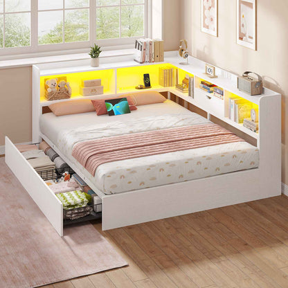 Hasuit | Corner Bed Frame with Storage Bookcase Queen Size Day Bed with Charging Station and LED Lights Convertible Beds for Kids Teens