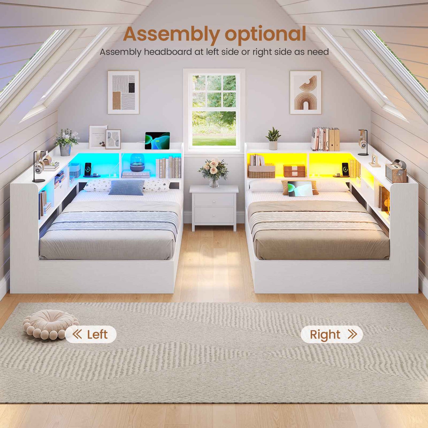Hasuit | Corner Bed Frame with Storage Bookcase Twin Size Day Bed with Charging Station and LED Lights Convertible Beds for Kids Teens