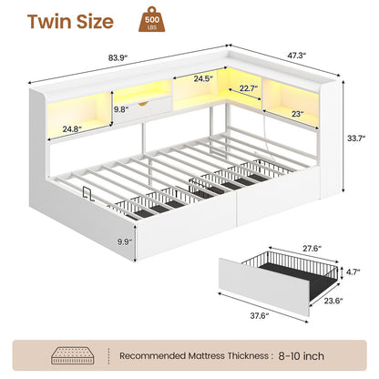 Hasuit | Corner Bed Frame with Storage Bookcase Twin Size Day Bed with Charging Station and LED Lights Convertible Beds for Kids Teens