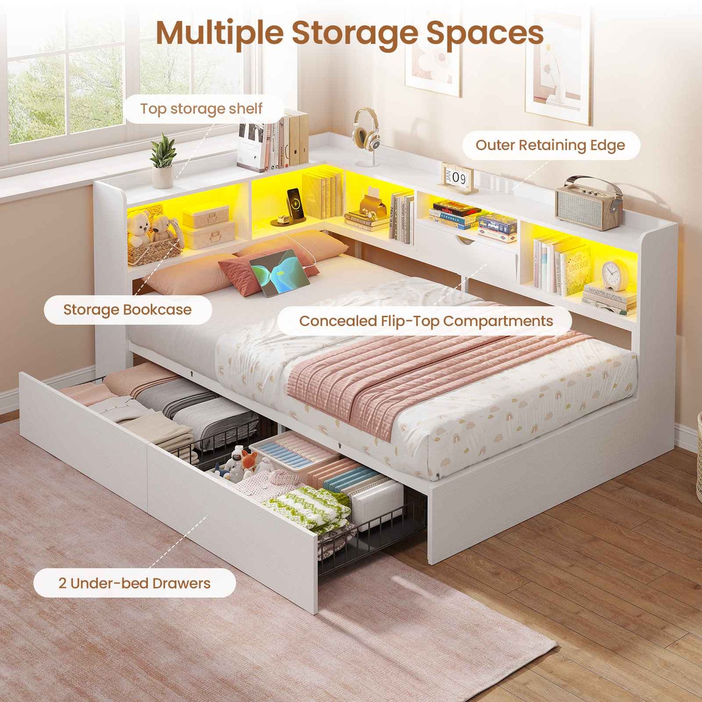 Hasuit | Corner Bed Frame with Storage Bookcase Twin Size Day Bed with Charging Station and LED Lights Convertible Beds for Kids Teens