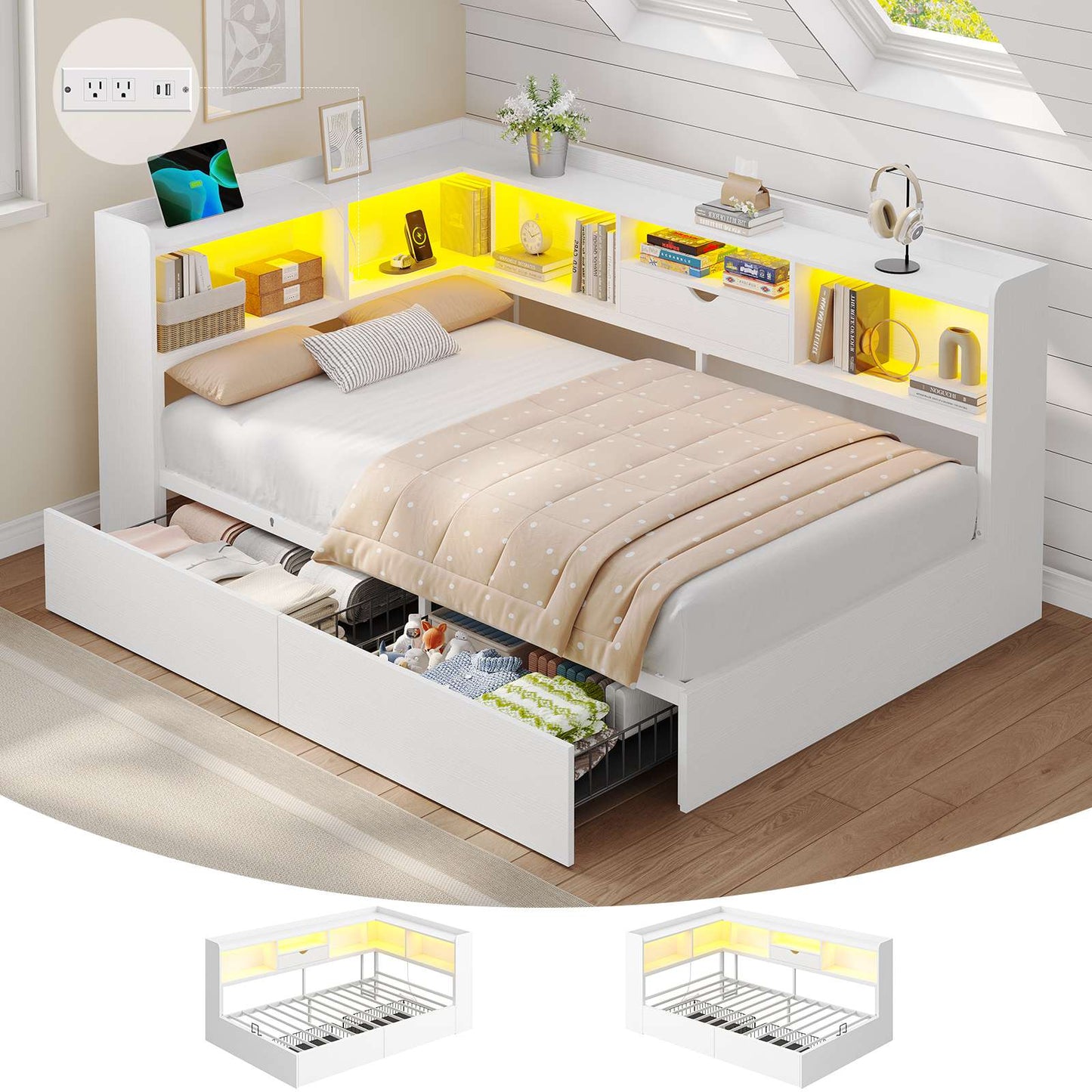 Hasuit | Corner Bed Frame with Storage Bookcase Twin Size Day Bed with Charging Station and LED Lights Convertible Beds for Kids Teens