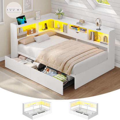 Hasuit | Corner Bed Frame with Storage Bookcase Twin Size Day Bed with Charging Station and LED Lights Convertible Beds for Kids Teens