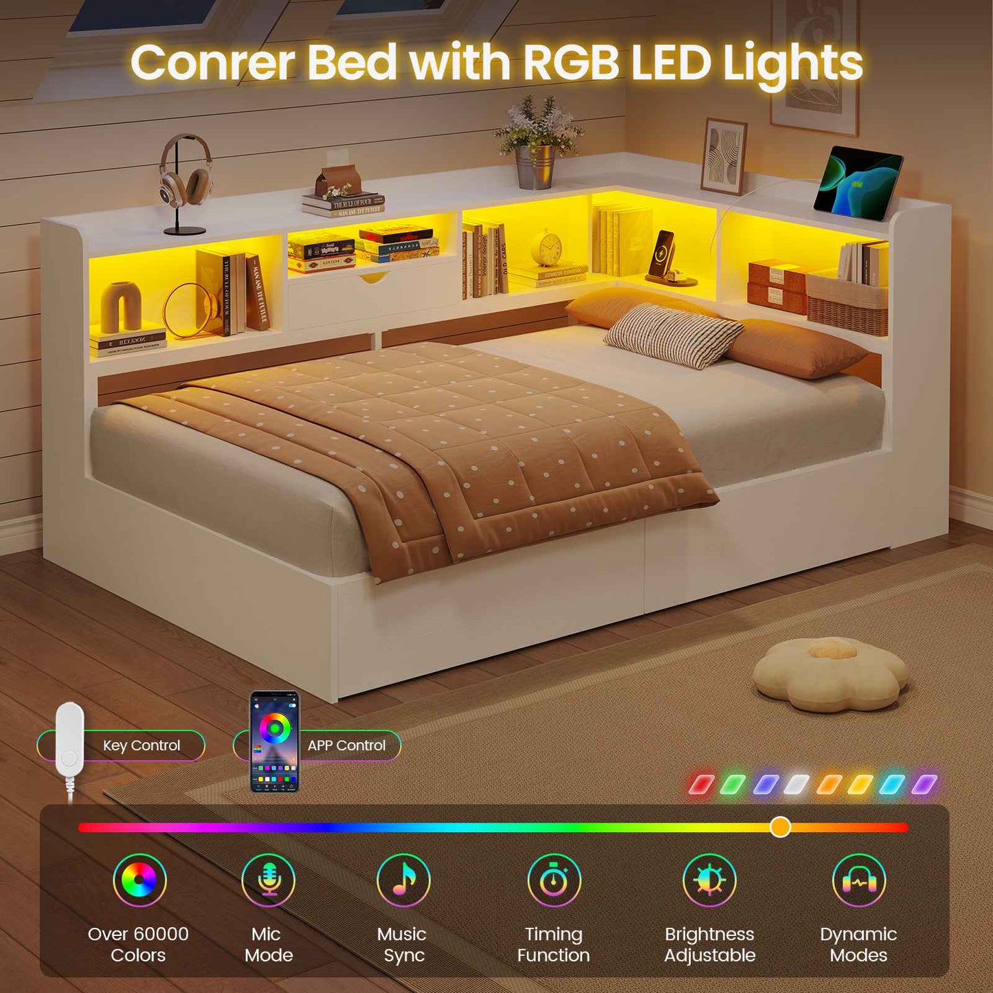 Hasuit | Corner Bed Frame with Storage Bookcase Twin Size Day Bed with Charging Station and LED Lights Convertible Beds for Kids Teens