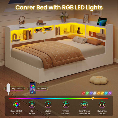 Hasuit | Corner Bed Frame with Storage Bookcase Twin Size Day Bed with Charging Station and LED Lights Convertible Beds for Kids Teens