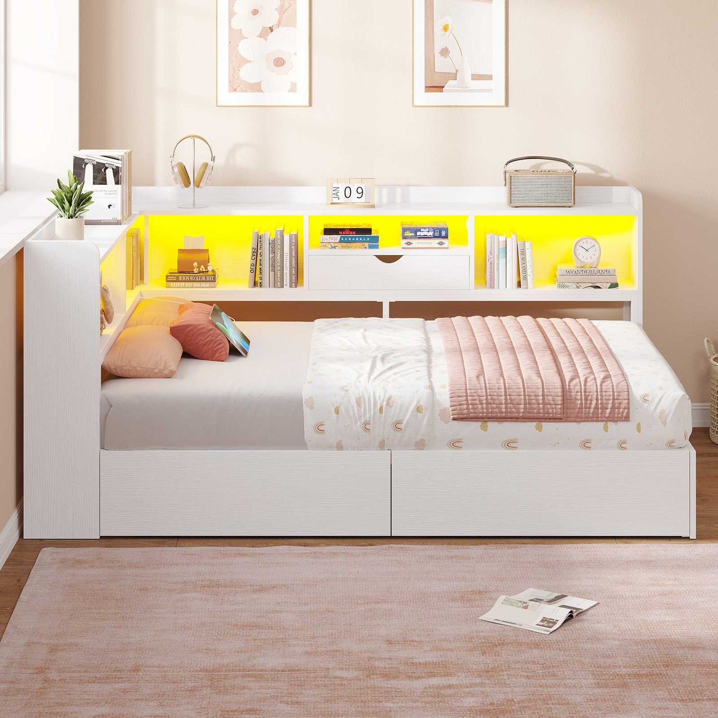Hasuit | Corner Bed Frame with Storage Bookcase Twin Size Day Bed with Charging Station and LED Lights Convertible Beds for Kids Teens