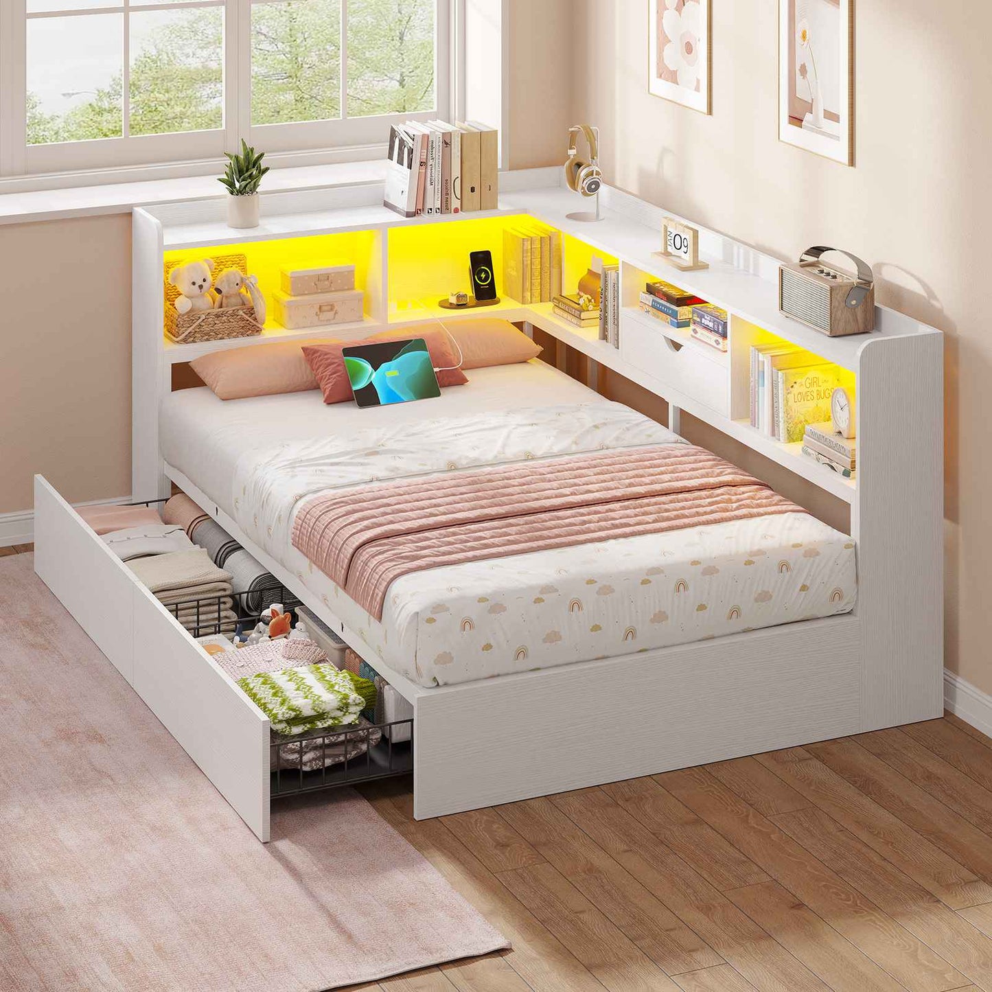 Hasuit | Corner Bed Frame with Storage Bookcase Twin Size Day Bed with Charging Station and LED Lights Convertible Beds for Kids Teens
