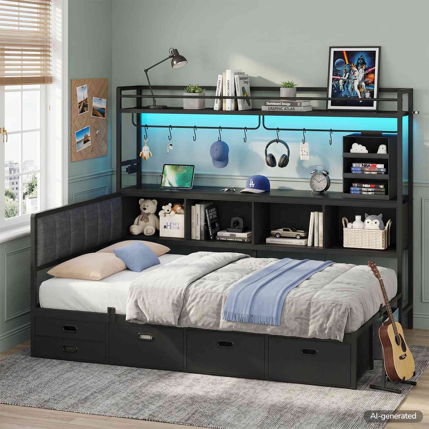 Hasuit | Twin Corner Bed Frame with 5 Drawers and Upper Storage Bookshelf Metal Twin Size Day Bed with Charging Station and LED Lights