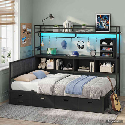 Hasuit | Twin Corner Bed Frame with 5 Drawers and Upper Storage Bookshelf Metal Twin Size Day Bed with Charging Station and LED Lights