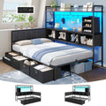 Hasuit | Twin Corner Bed Frame with 5 Drawers and Upper Storage Bookshelf Metal Twin Size Day Bed with Charging Station and LED Lights