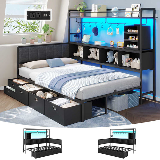 Hasuit | Twin Corner Bed Frame with 5 Drawers and Upper Storage Bookshelf Metal Twin Size Day Bed with Charging Station and LED Lights