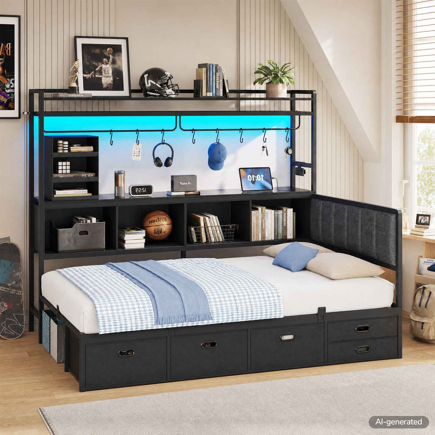 Hasuit | Twin Corner Bed Frame with 5 Drawers and Upper Storage Bookshelf Metal Twin Size Day Bed with Charging Station and LED Lights