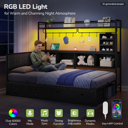 Hasuit | Twin Corner Bed Frame with 5 Drawers and Upper Storage Bookshelf Metal Twin Size Day Bed with Charging Station and LED Lights