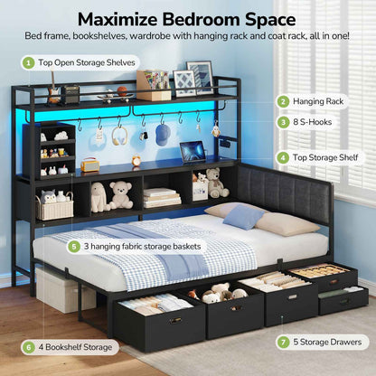 Hasuit | Twin Corner Bed Frame with 5 Drawers and Upper Storage Bookshelf Metal Twin Size Day Bed with Charging Station and LED Lights