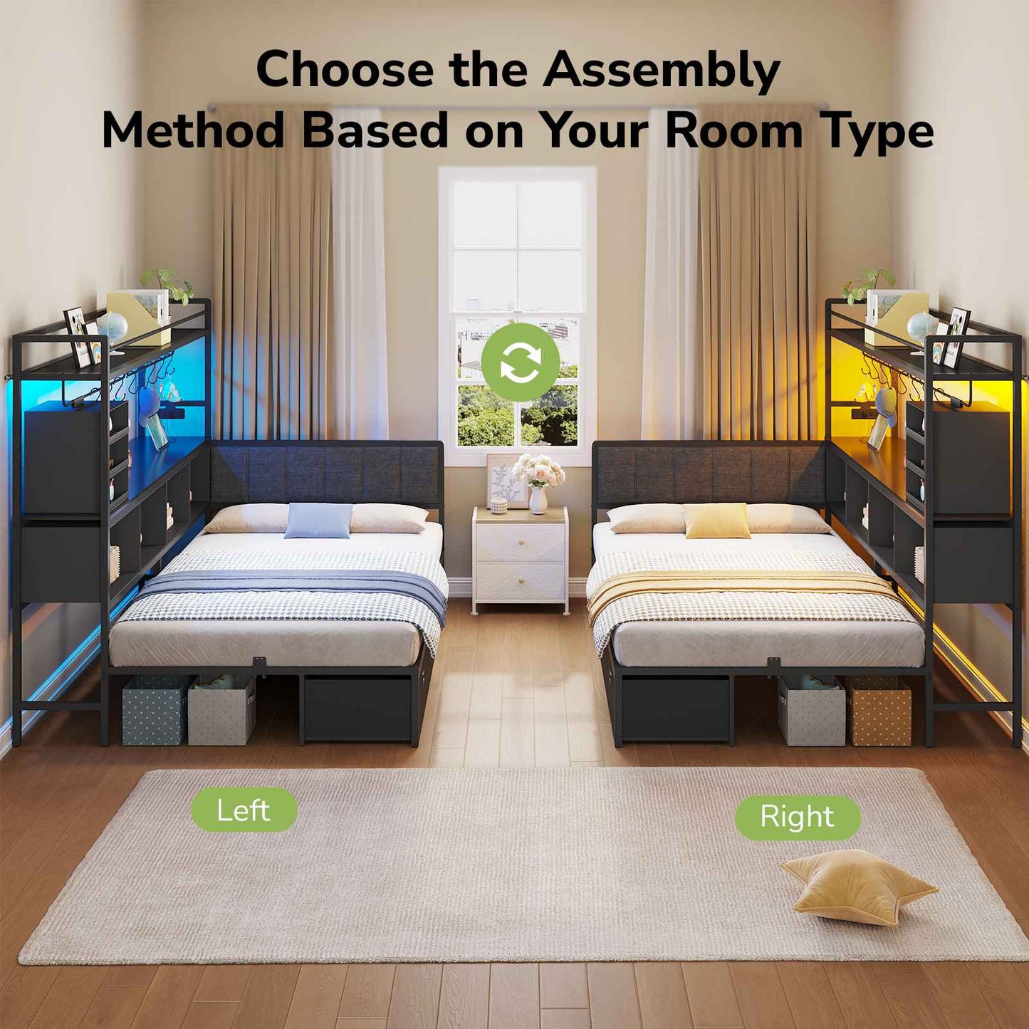 Hasuit | Twin Corner Bed Frame with 5 Drawers and Upper Storage Bookshelf Metal Twin Size Day Bed with Charging Station and LED Lights