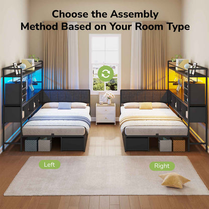 Hasuit | Twin Corner Bed Frame with 5 Drawers and Upper Storage Bookshelf Metal Twin Size Day Bed with Charging Station and LED Lights