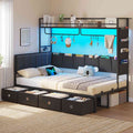 Hasuit | Twin Size Corner Bed Frame with 4 Drawers and Coat Rack Daybed with Built-in Charging Station and LED Lights