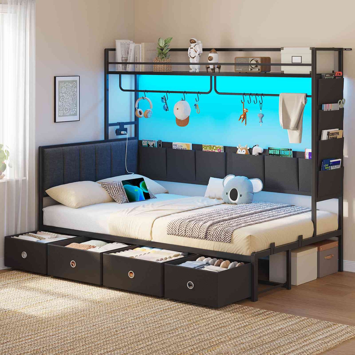 Hasuit | Twin Size Corner Bed Frame with 4 Drawers and Coat Rack Daybed with Built-in Charging Station and LED Lights