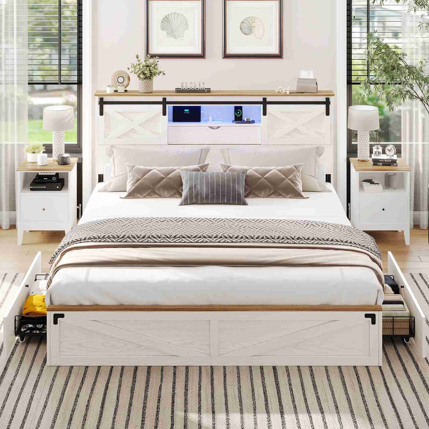 Hasuit | Farmhouse Bed Frame with Storage Bookcase Headboard Wooden Rustic Bed with LED Lights and Charging Station White
