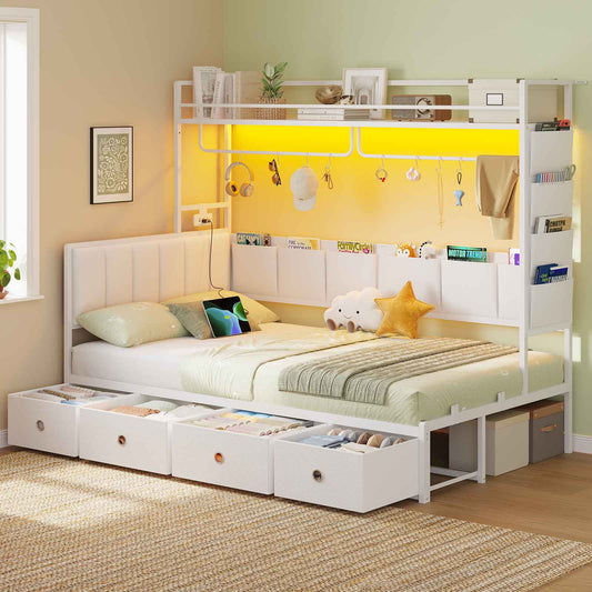 Hasuit | Twin Size Corner Bed Frame with 4 Drawers and Coat Rack Metal Platform Bed with Charging Station and LED Lights