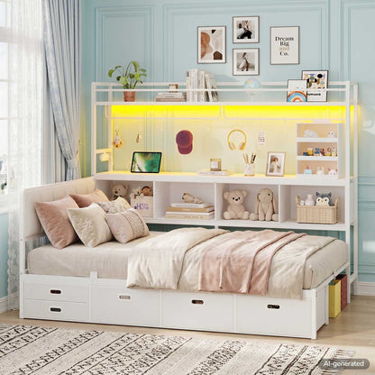 Hasuit | Twin Corner Bed Frame with 5 Drawers and Upper Storage Bookshelf Metal Twin Size Day Bed with Charging Station and LED Lights