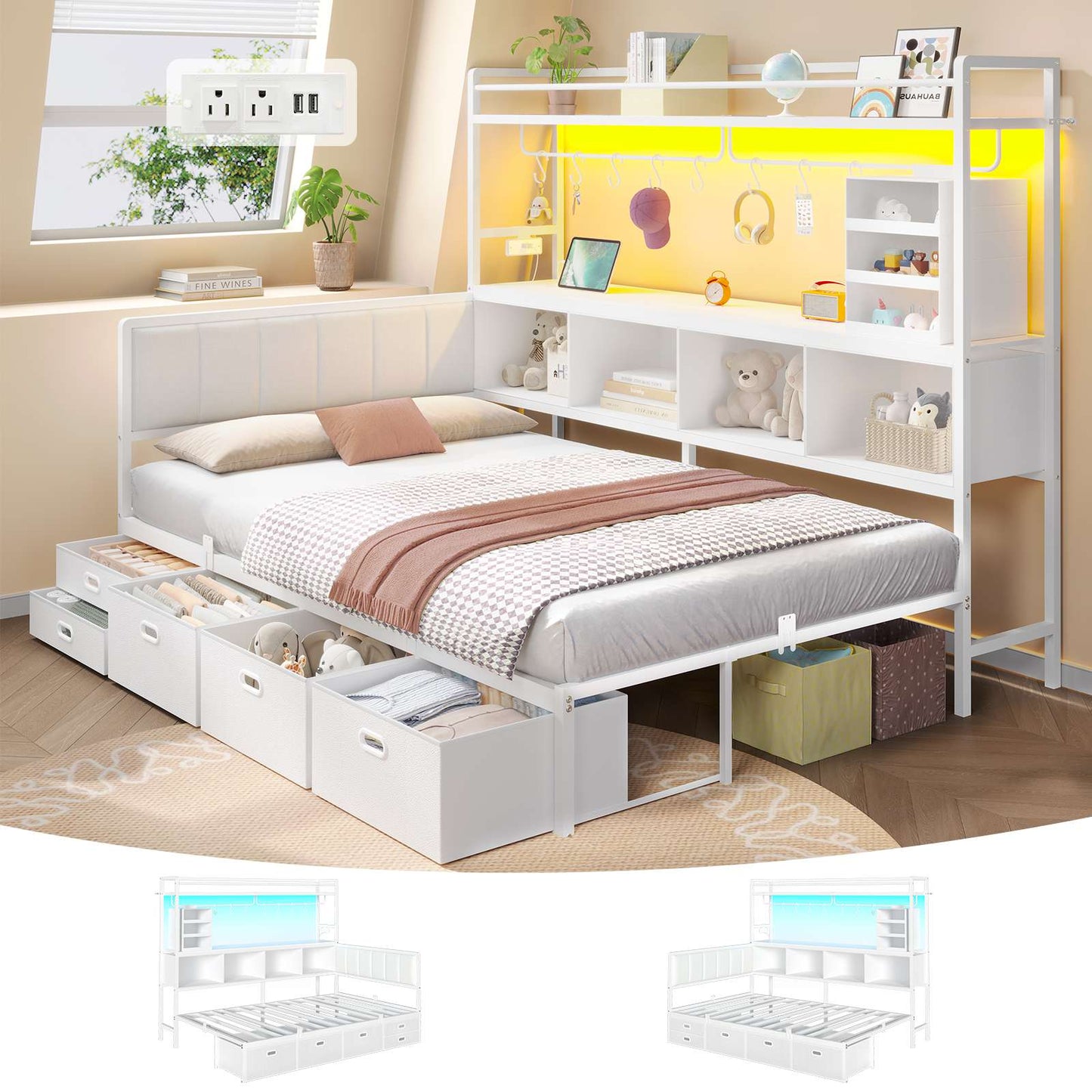 Hasuit | Twin Corner Bed Frame with 5 Drawers and Upper Storage Bookshelf Metal Twin Size Day Bed with Charging Station and LED Lights
