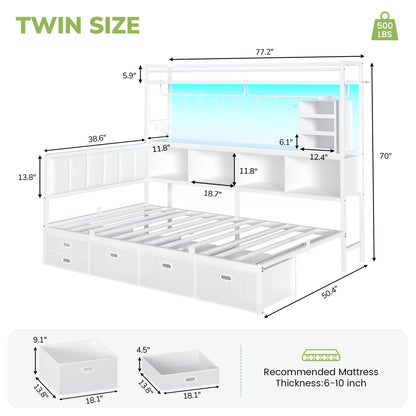 Hasuit | Twin Corner Bed Frame with 5 Drawers and Upper Storage Bookshelf Metal Twin Size Day Bed with Charging Station and LED Lights